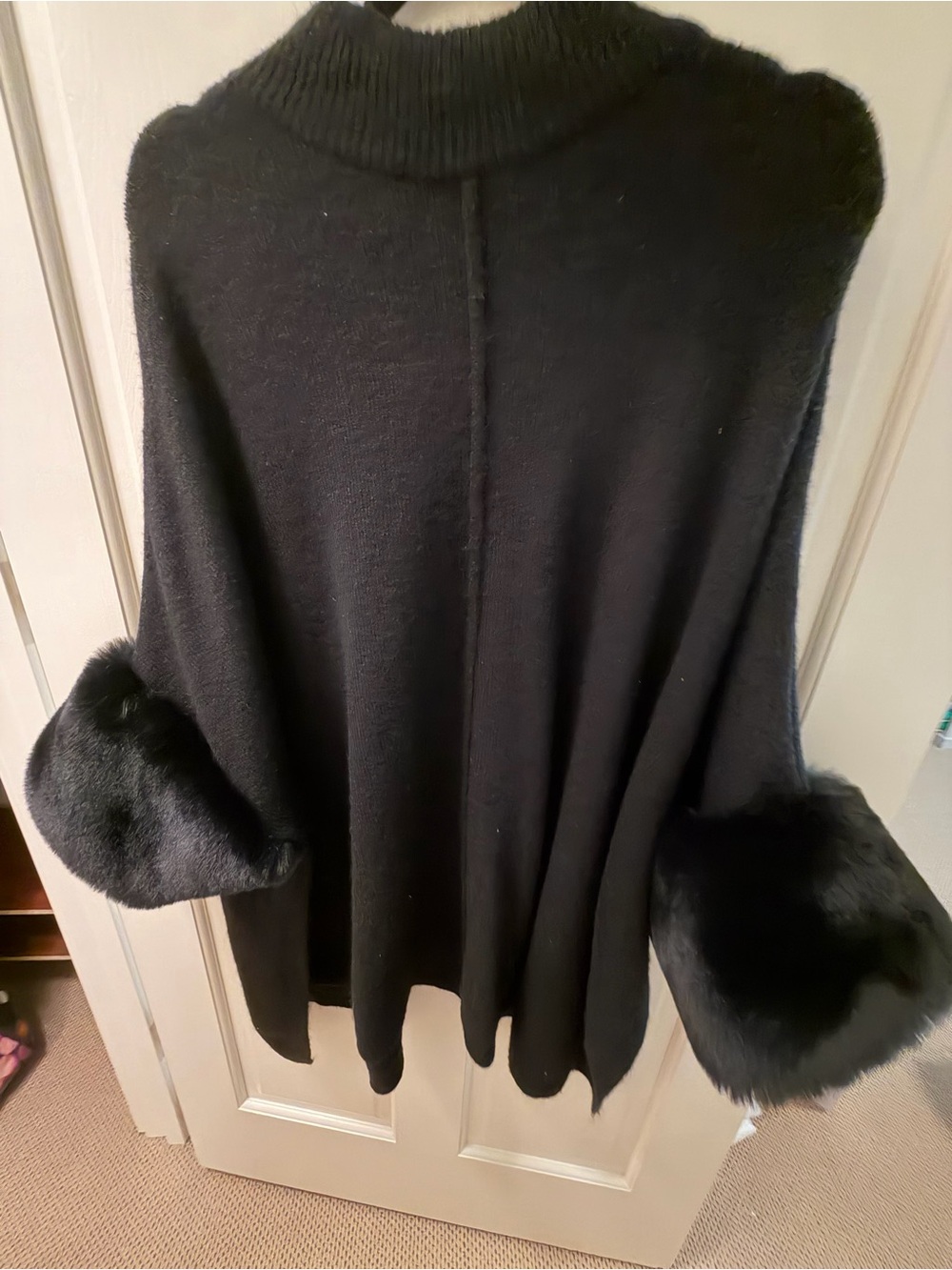Saks Fifth Avenue Black Turtleneck Poncho with Faux Fur Cuffs